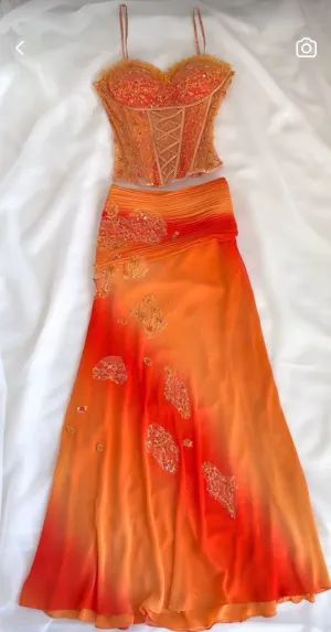 Orange Ombre Straps Two Pieces Sheath Chiffon Long Party Dresses, D870