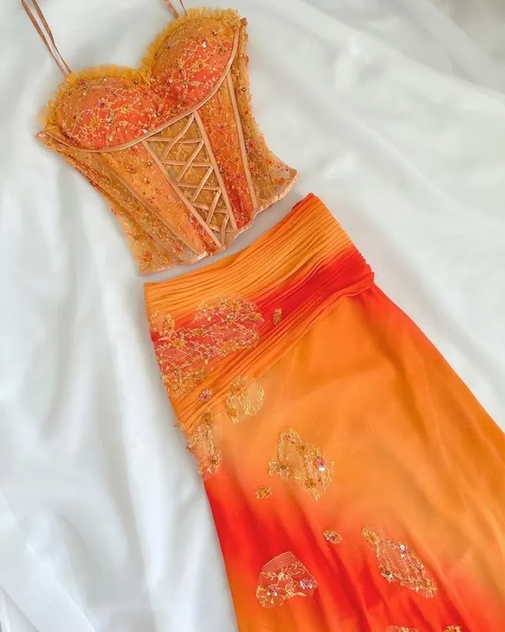Orange Ombre Straps Two Pieces Sheath Chiffon Long Party Dresses, D870