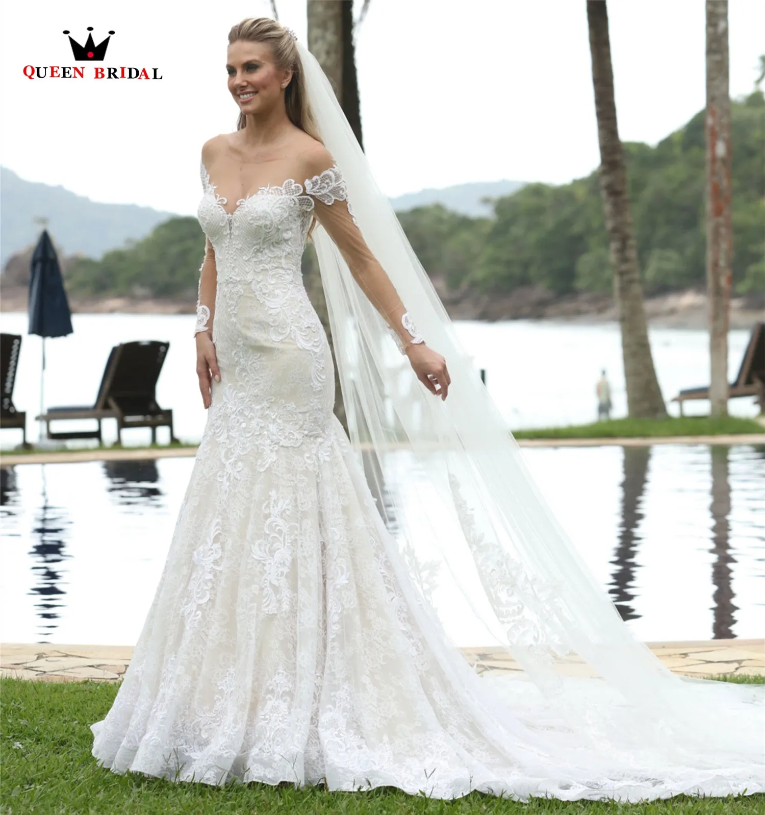 Original Sexy Mermaid Long Sleeve Tulle Lace Fowers Appliques Wedding Dresses 2022 New Design Bride Dresses Custom Size BZ25