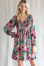 Paisley Print Chiffon Dress W/V-neck
