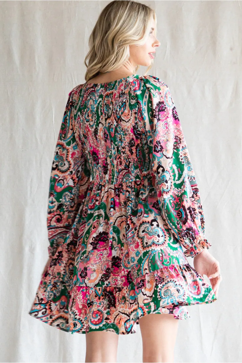 Paisley Print Chiffon Dress W/V-neck