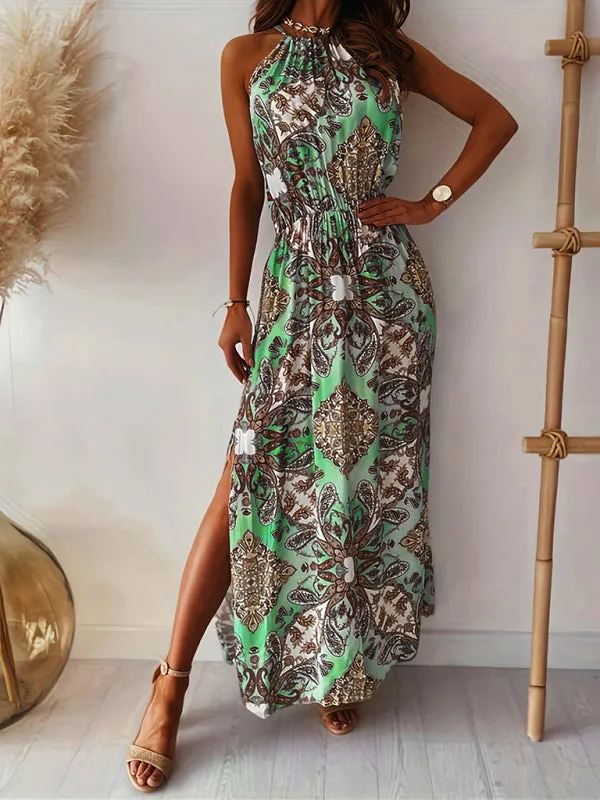 Paisley Print Maxi Dress with Halter Neck and Waist Slit