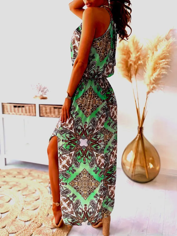 Paisley Print Maxi Dress with Halter Neck and Waist Slit