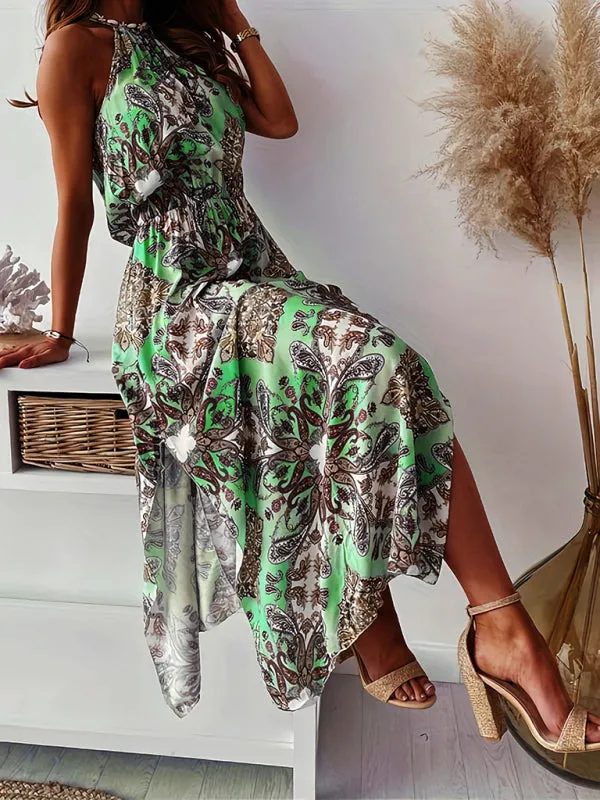 Paisley Print Maxi Dress with Halter Neck and Waist Slit