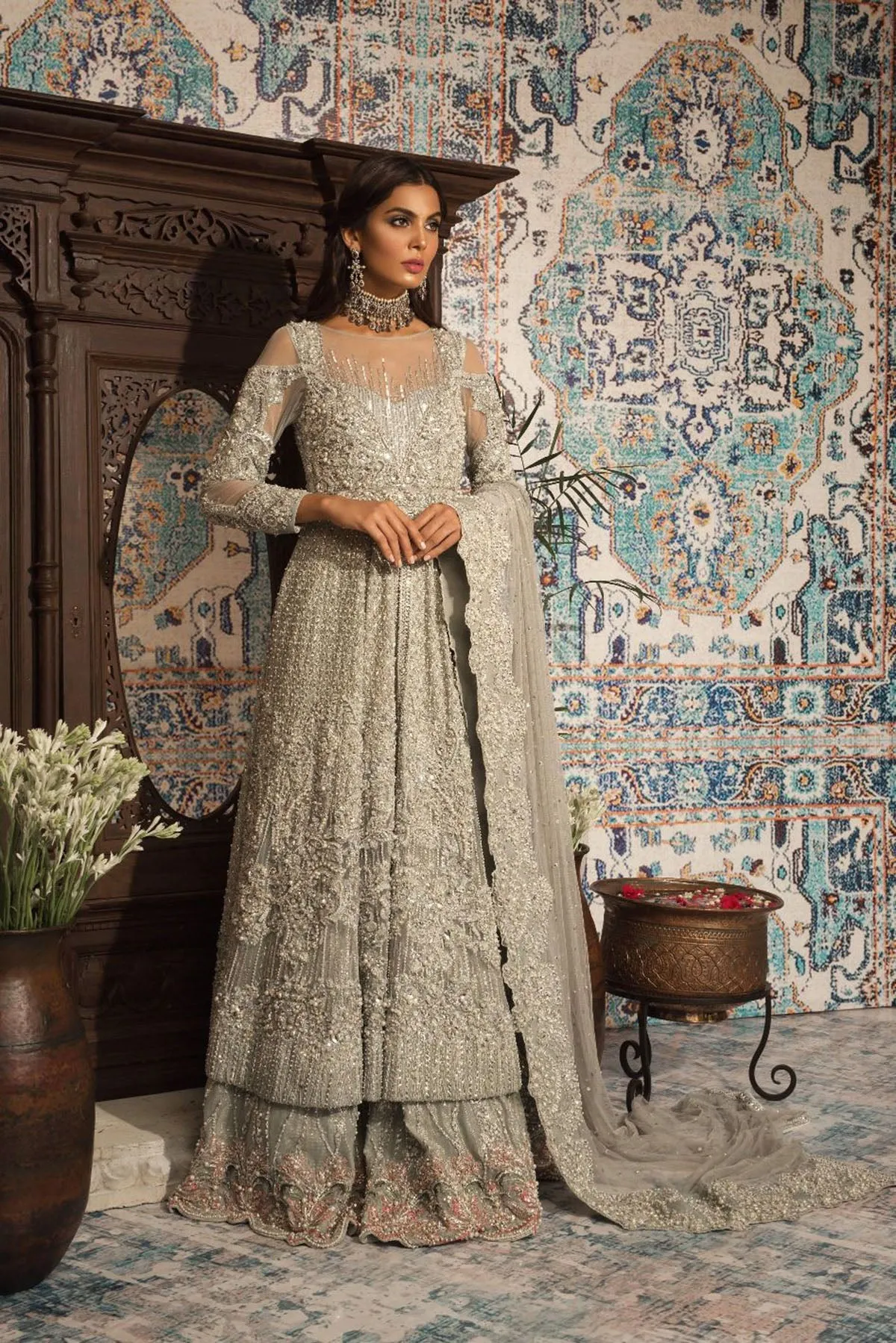 Pakistani Bridal Dress in Blue Gown and Dupatta Style