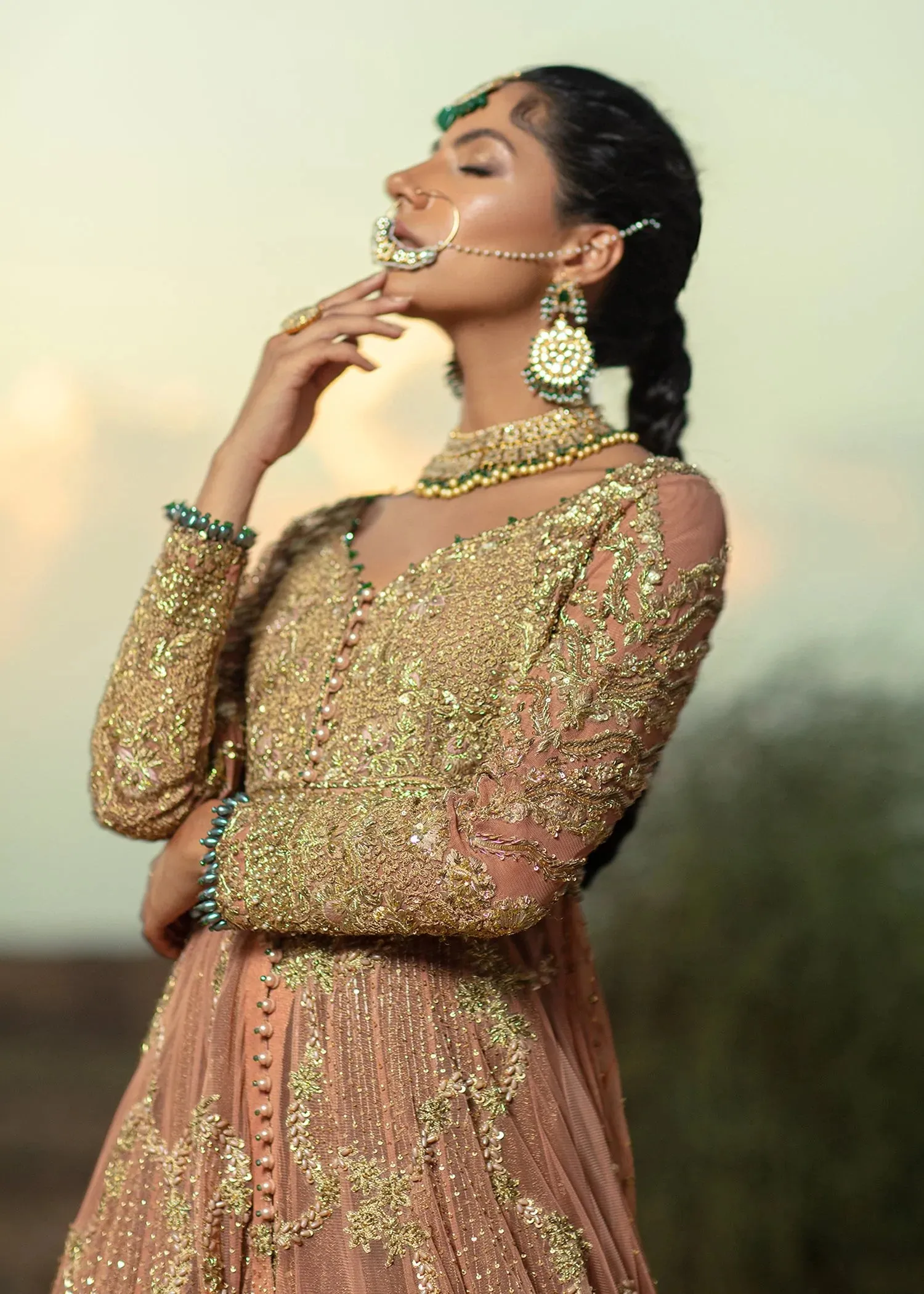 Pakistani  Bridal Gown Lehenga  Peach Dupatta/veil