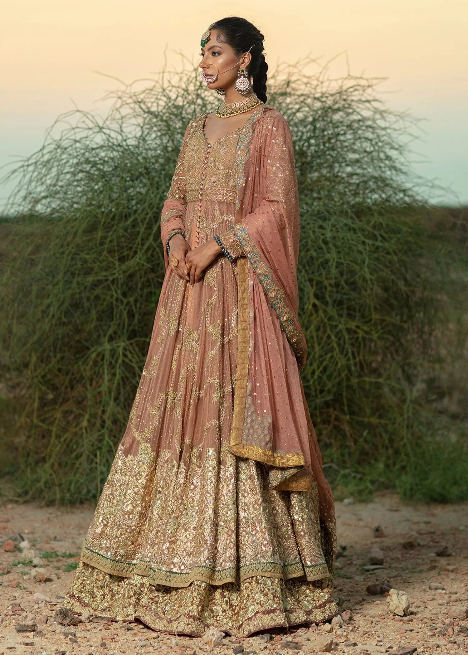 Pakistani  Bridal Gown Lehenga  Peach Dupatta/veil