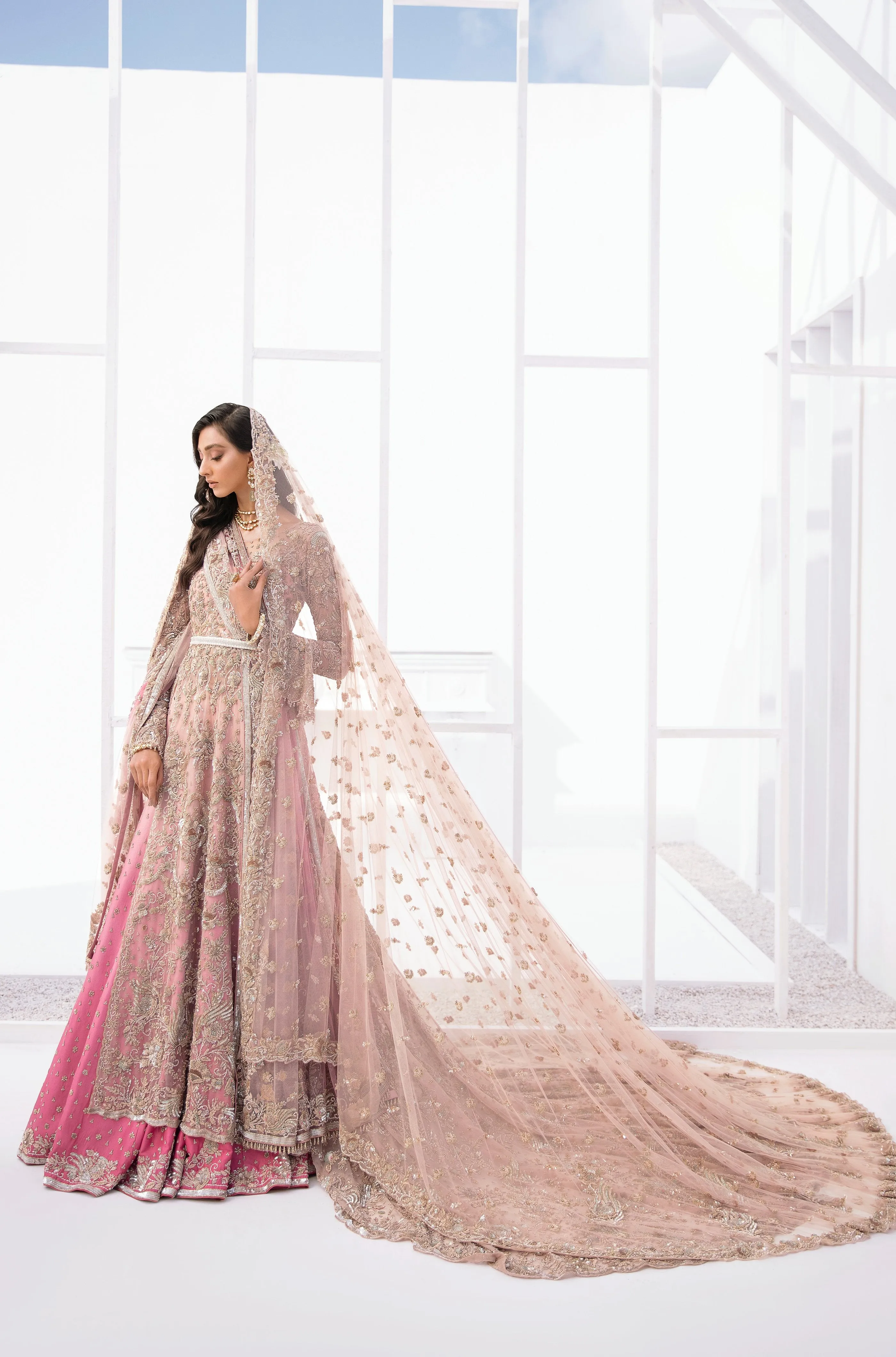 Pakistani Bridal Lehenga Designs in Embellished Heavy Zardozi Work for Wedding Wear in Baby Pink Lehenga in Gown Style #BN944