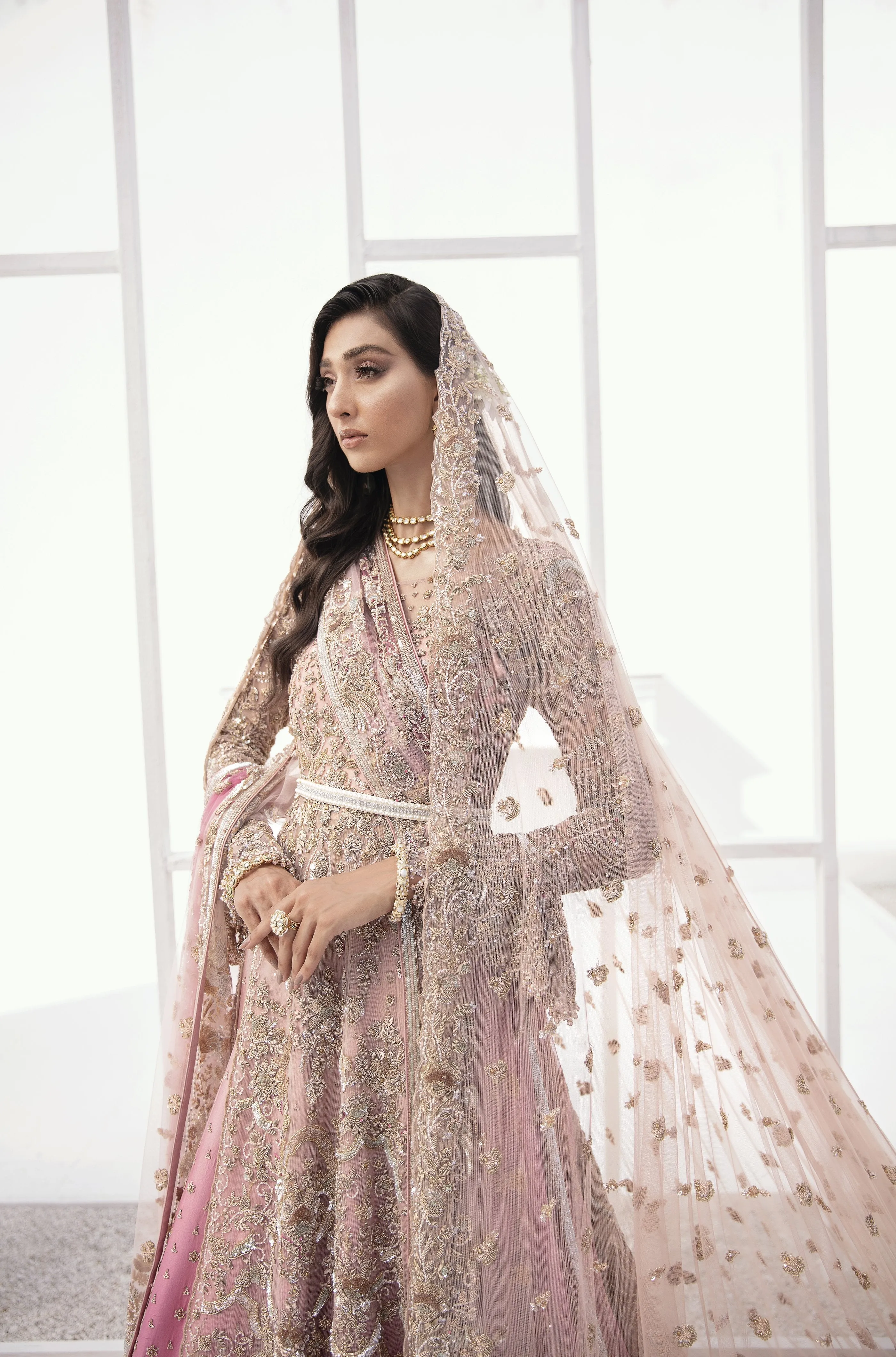 Pakistani Bridal Lehenga Designs in Embellished Heavy Zardozi Work for Wedding Wear in Baby Pink Lehenga in Gown Style #BN944