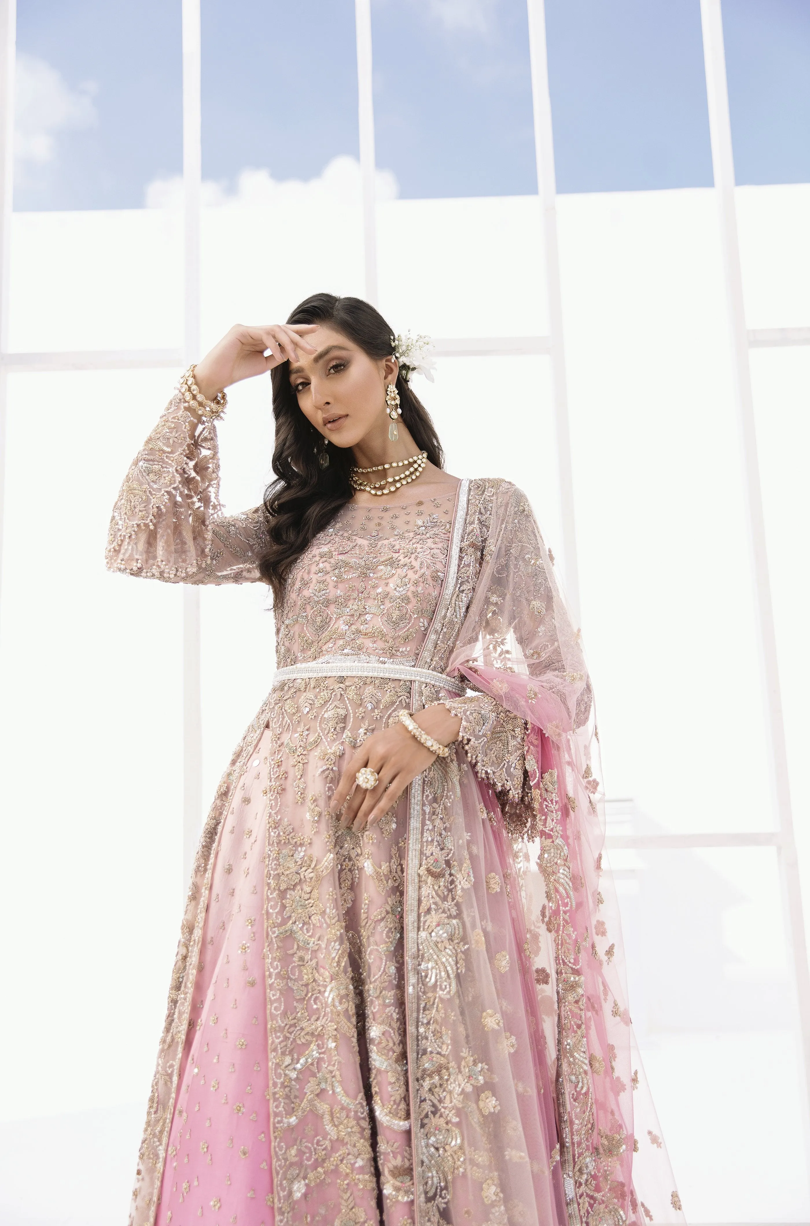 Pakistani Bridal Lehenga Designs in Embellished Heavy Zardozi Work for Wedding Wear in Baby Pink Lehenga in Gown Style #BN944