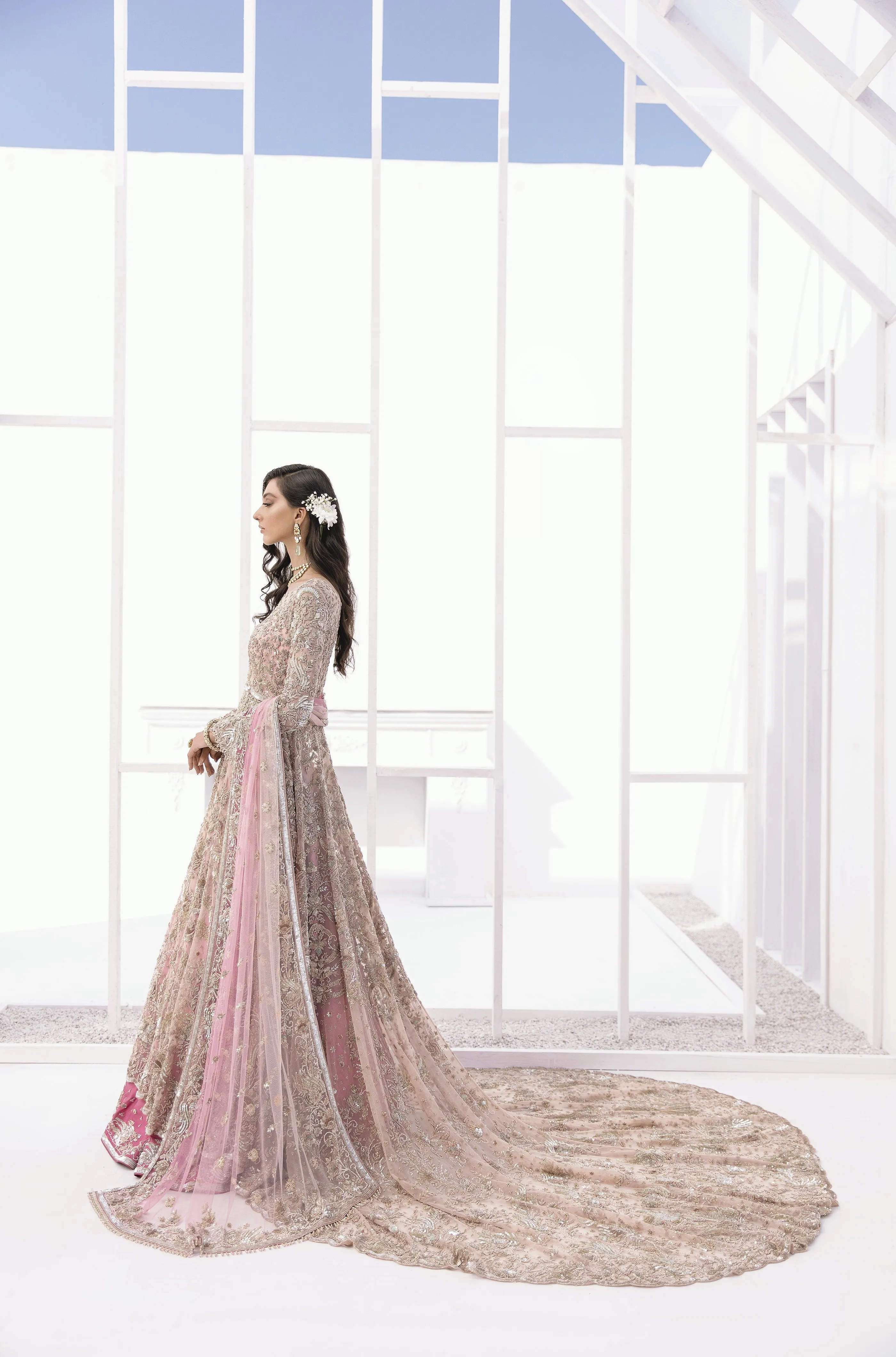 Pakistani Bridal Lehenga Designs in Embellished Heavy Zardozi Work for Wedding Wear in Baby Pink Lehenga in Gown Style #BN944