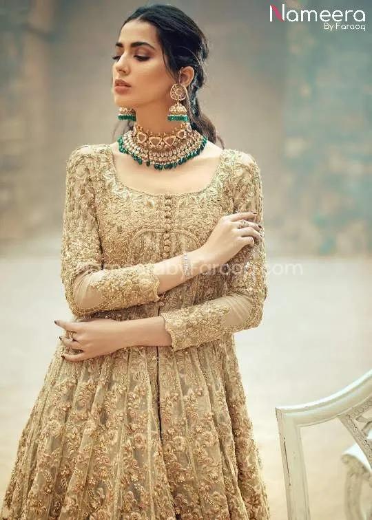 Pakistani Bridal Lehenga with Long Frock in Gold #BS61