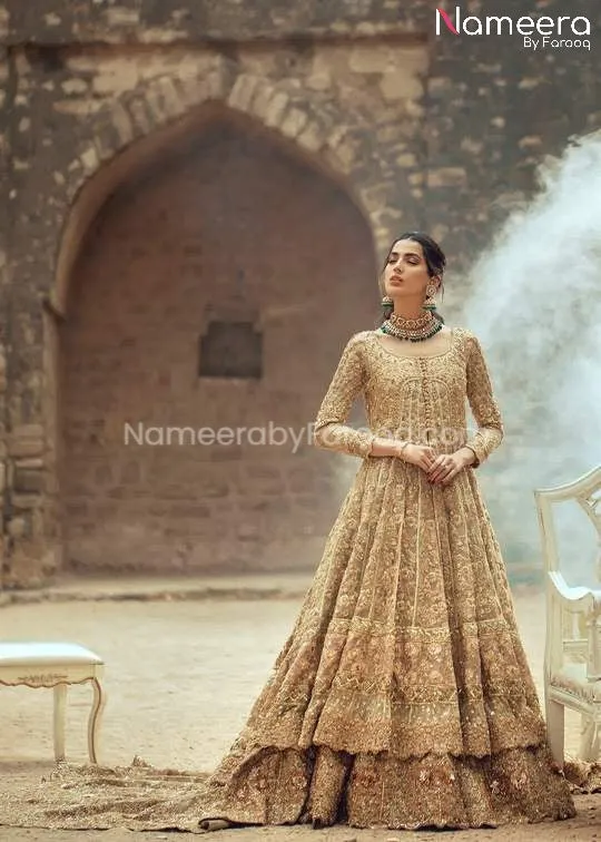 Pakistani Bridal Lehenga with Long Frock in Gold #BS61