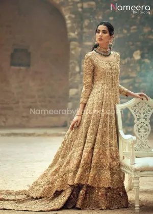 Pakistani Bridal Lehenga with Long Frock in Gold #BS61