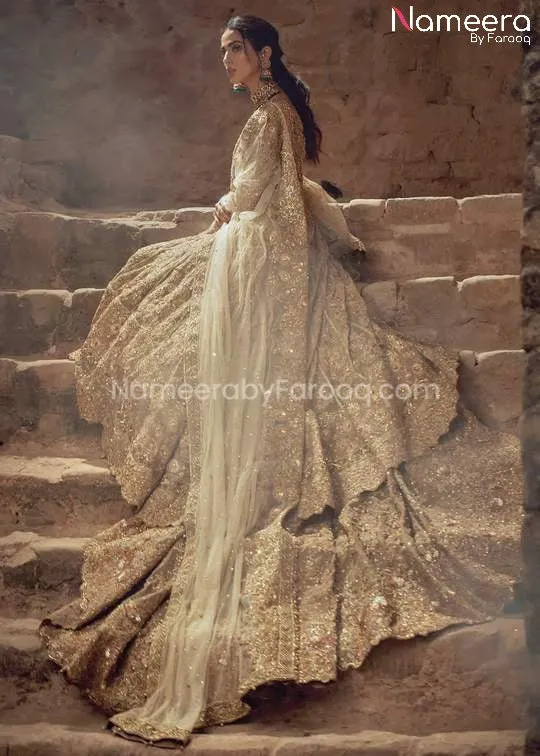 Pakistani Bridal Lehenga with Long Frock in Gold #BS61