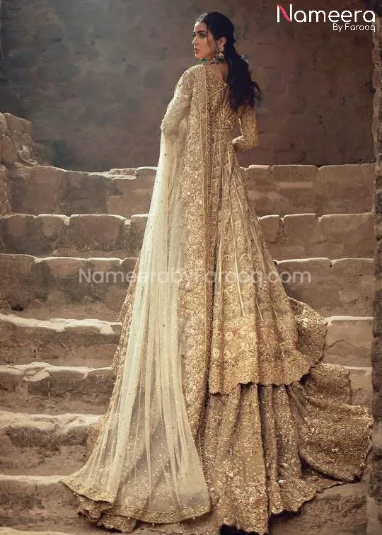Pakistani Bridal Lehenga with Long Frock in Gold #BS61