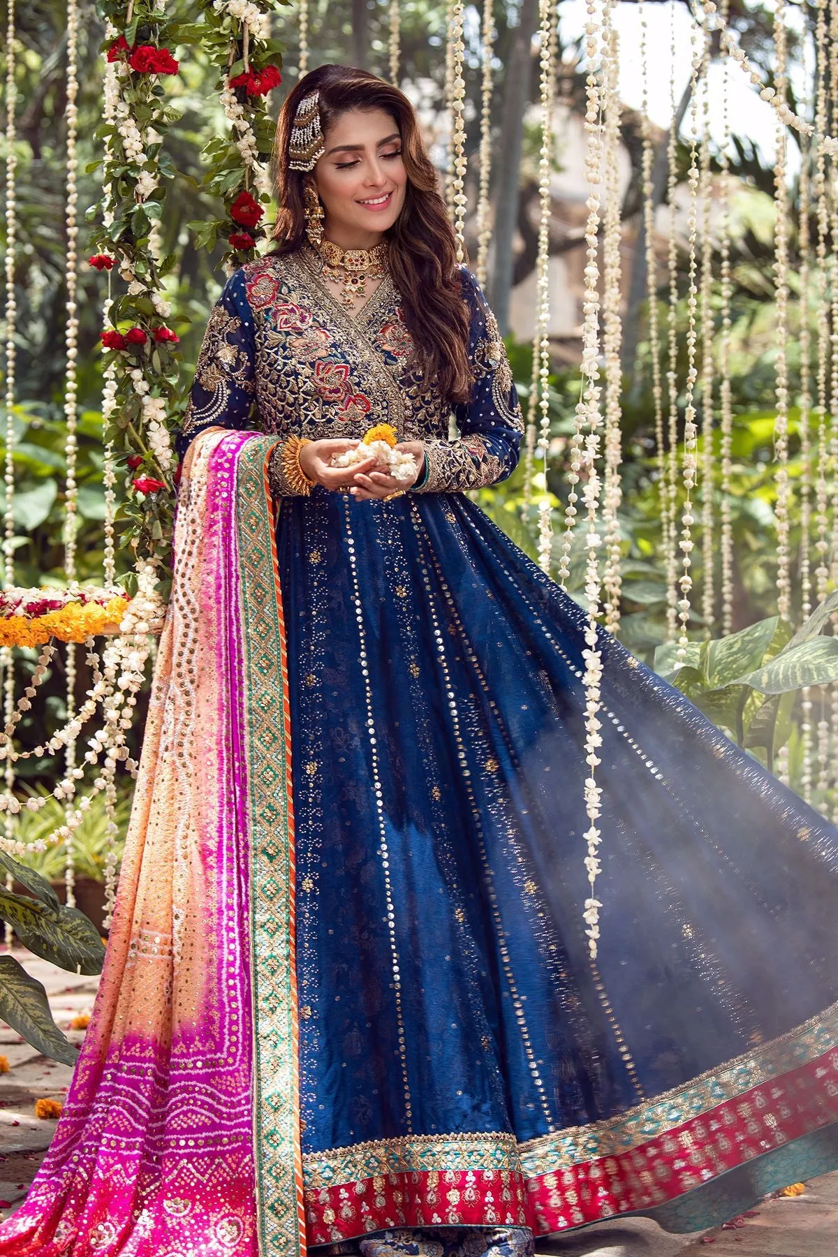 Pakistani Bridal Mehndi Frock in Navy Blue Color #Y2071