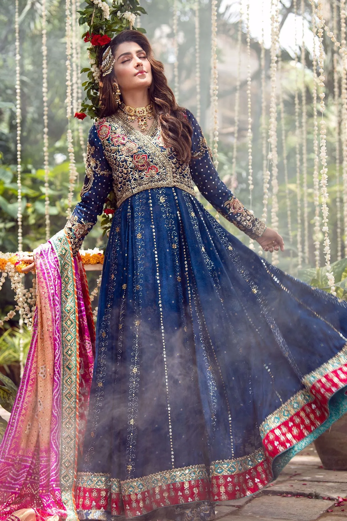 Pakistani Bridal Mehndi Frock in Navy Blue Color #Y2071