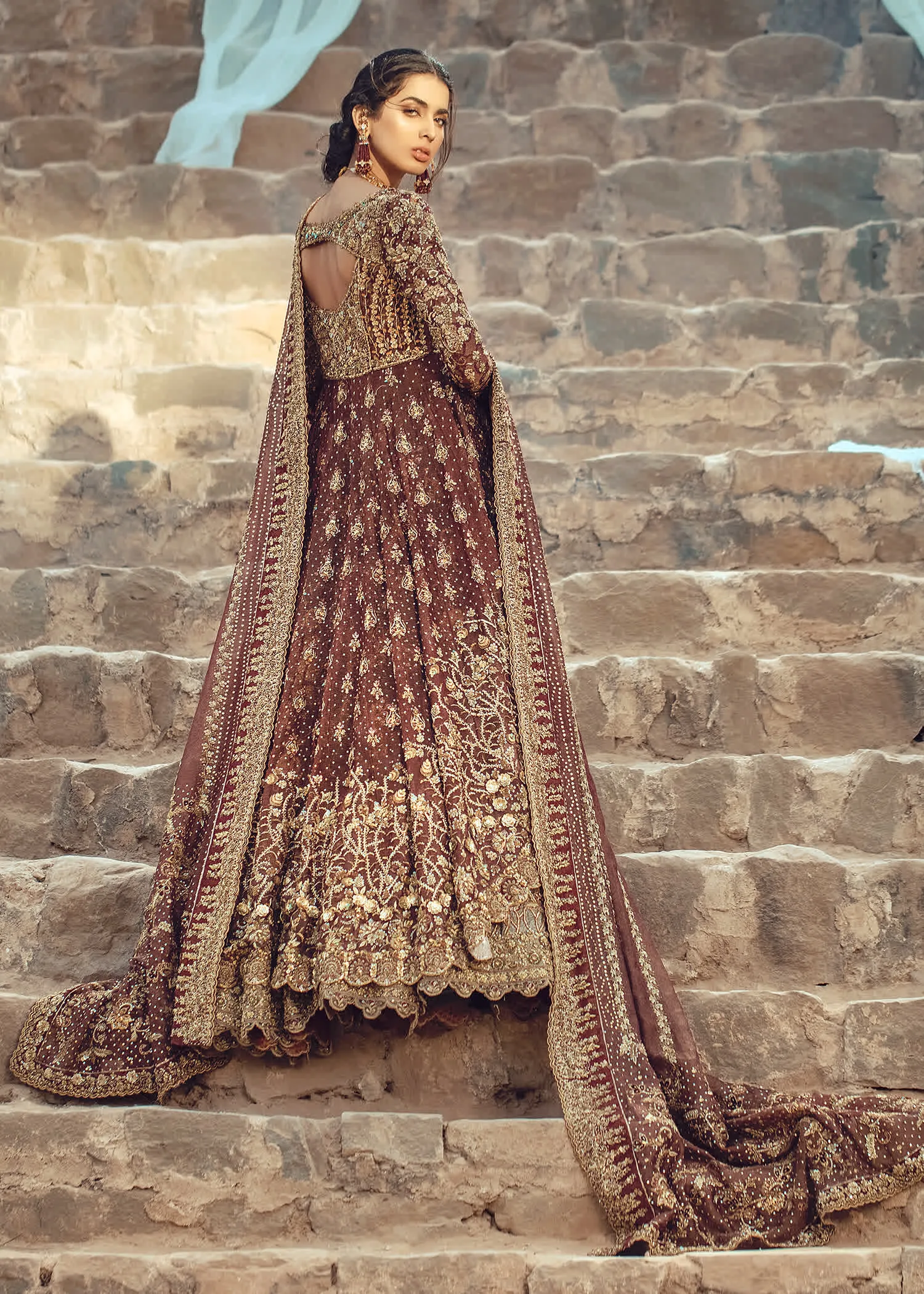 Pakistani Bridal Outfit in Pishwas Frock Lehenga Style