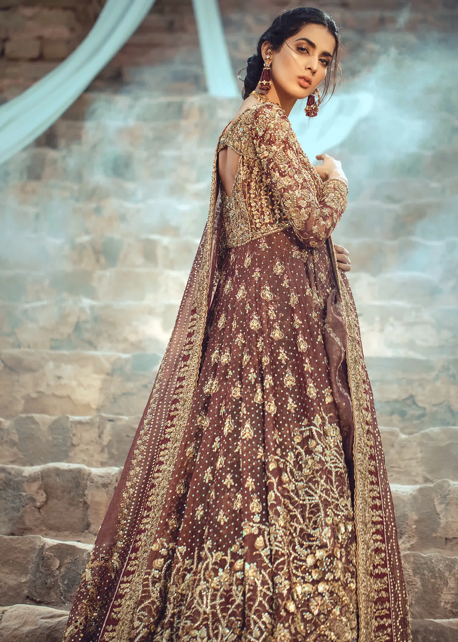 Pakistani Bridal Outfit in Pishwas Frock Lehenga Style