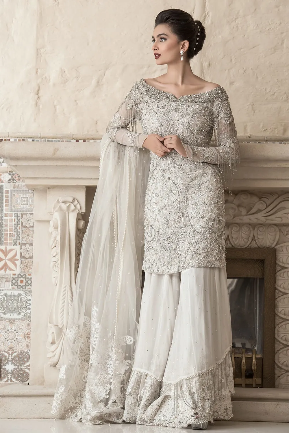 Pakistani Bridal Shirt Gharara in White Color #N7079