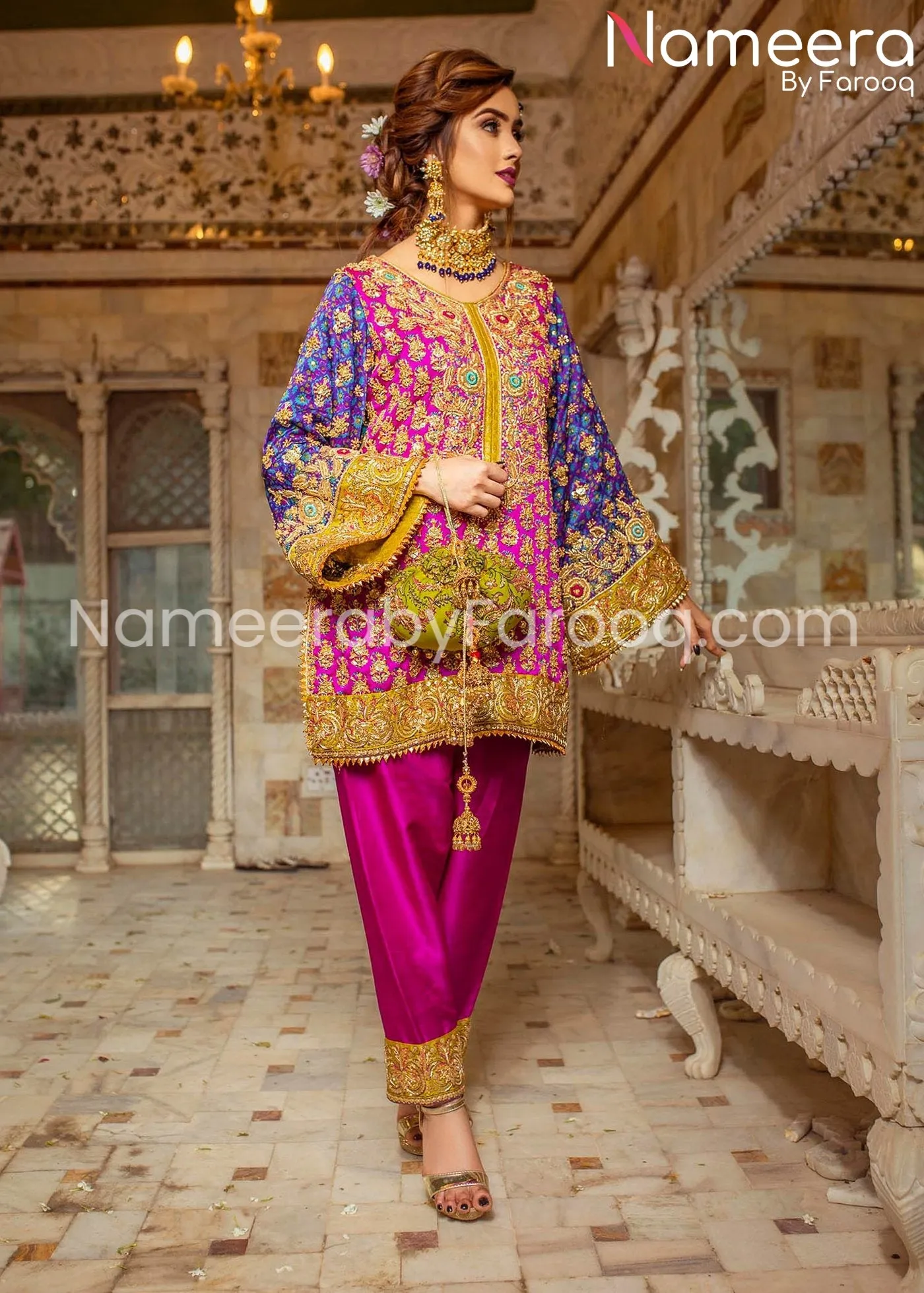 Pakistani Designer Wear Mehndi Shalwar Kameez #BN215