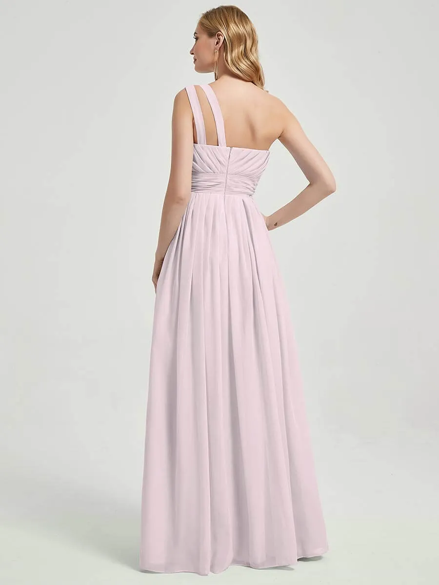 Pale Rose One Shoulder A-Line Floor Length Chiffon Bridesmaid Dress