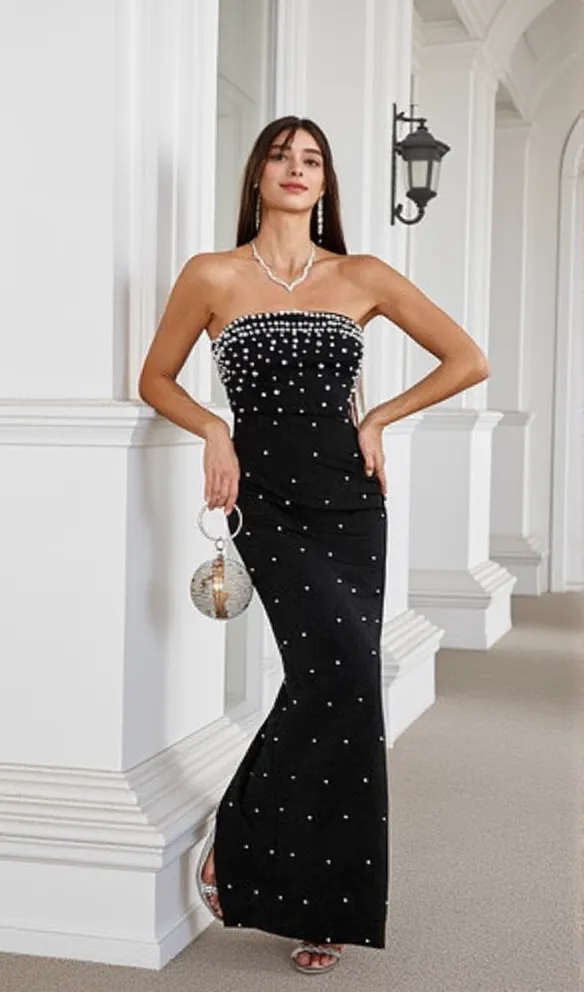 pearl-embellished strapless gown in black