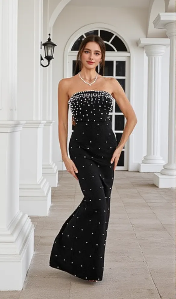 pearl-embellished strapless gown in black