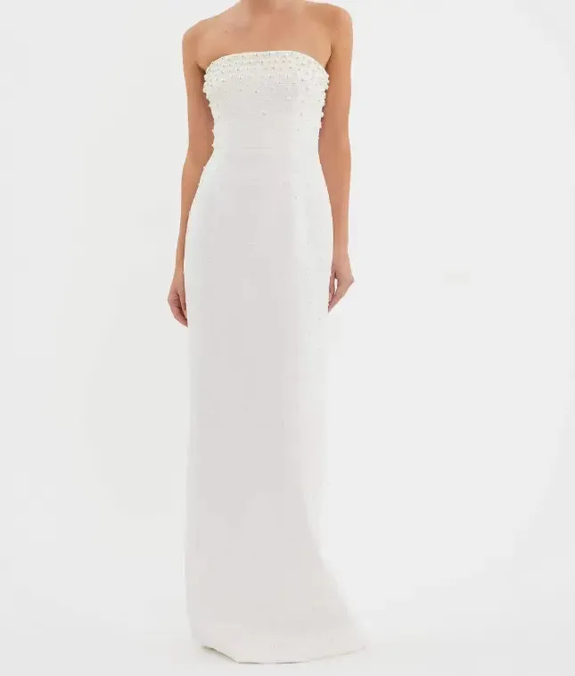 pearl-embellished strapless gown in white