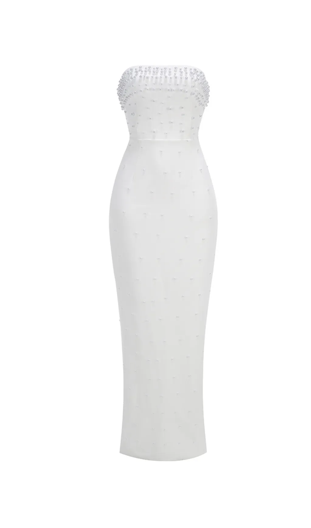 pearl-embellished strapless gown in white