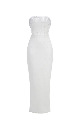 pearl-embellished strapless gown in white