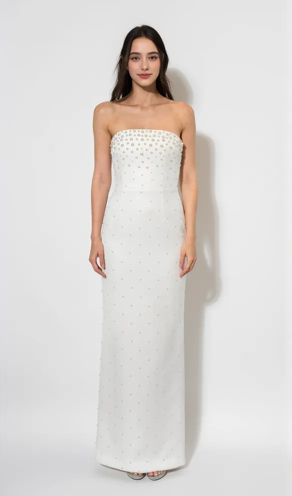 pearl-embellished strapless gown in white