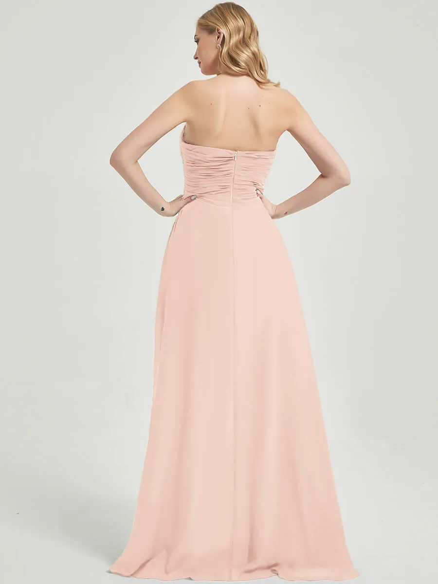 Pearl Pink Strapless Floor-Length Chiffon Bridesmaid Dress with Slit