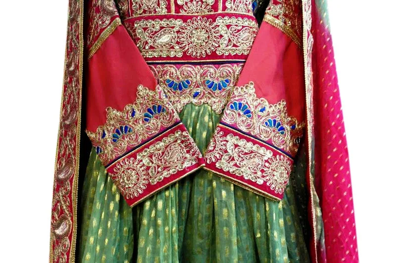 Persian Afghan Bridal Dress In Green Pink Color