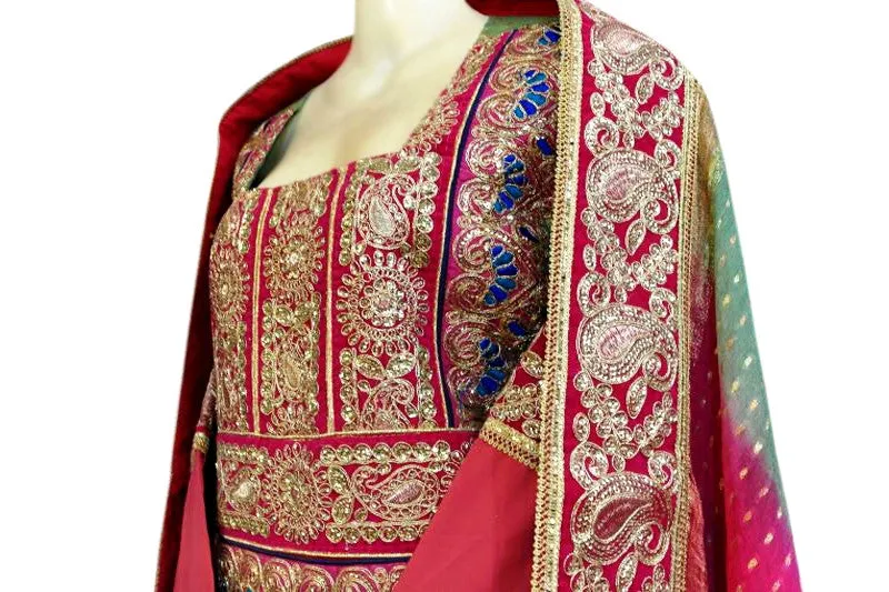 Persian Afghan Bridal Dress In Green Pink Color