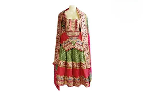 Persian Afghan Bridal Dress In Green Pink Color