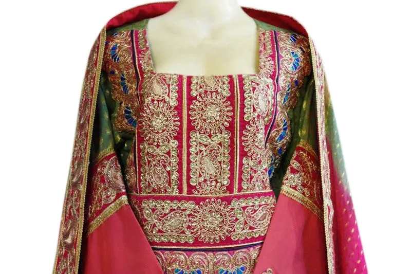 Persian Afghan Bridal Dress In Green Pink Color