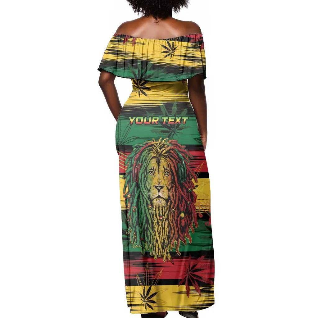 Personalised Rastafarian Lion Off Shoulder Maxi Dress Cannabis Leaf Pattern LT15
