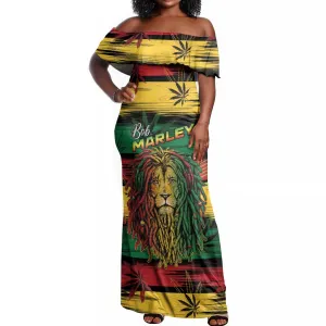 Personalised Rastafarian Lion Off Shoulder Maxi Dress Cannabis Leaf Pattern LT15