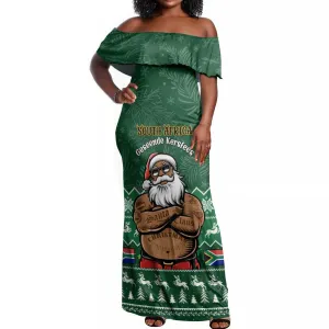 Personalised South Africa Christmas Off Shoulder Maxi Dress Cool Santa Claus With South African Map LT14