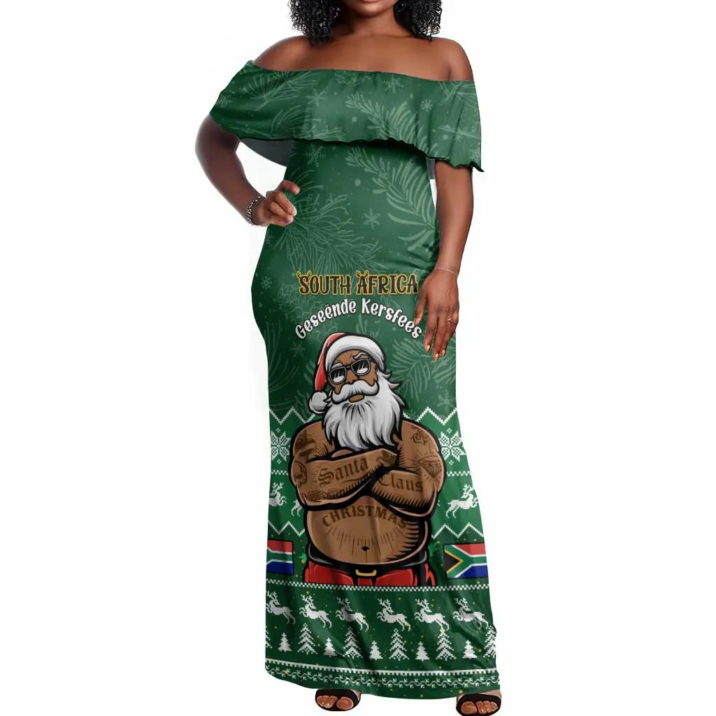 Personalised South Africa Christmas Off Shoulder Maxi Dress Cool Santa Claus With South African Map LT14