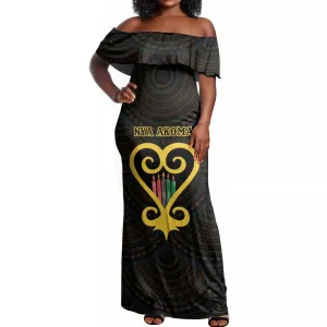Personalized  African-American Black Love Day Off Shoulder Maxi Dress Sankofa Heart - Nya Akoma LT15