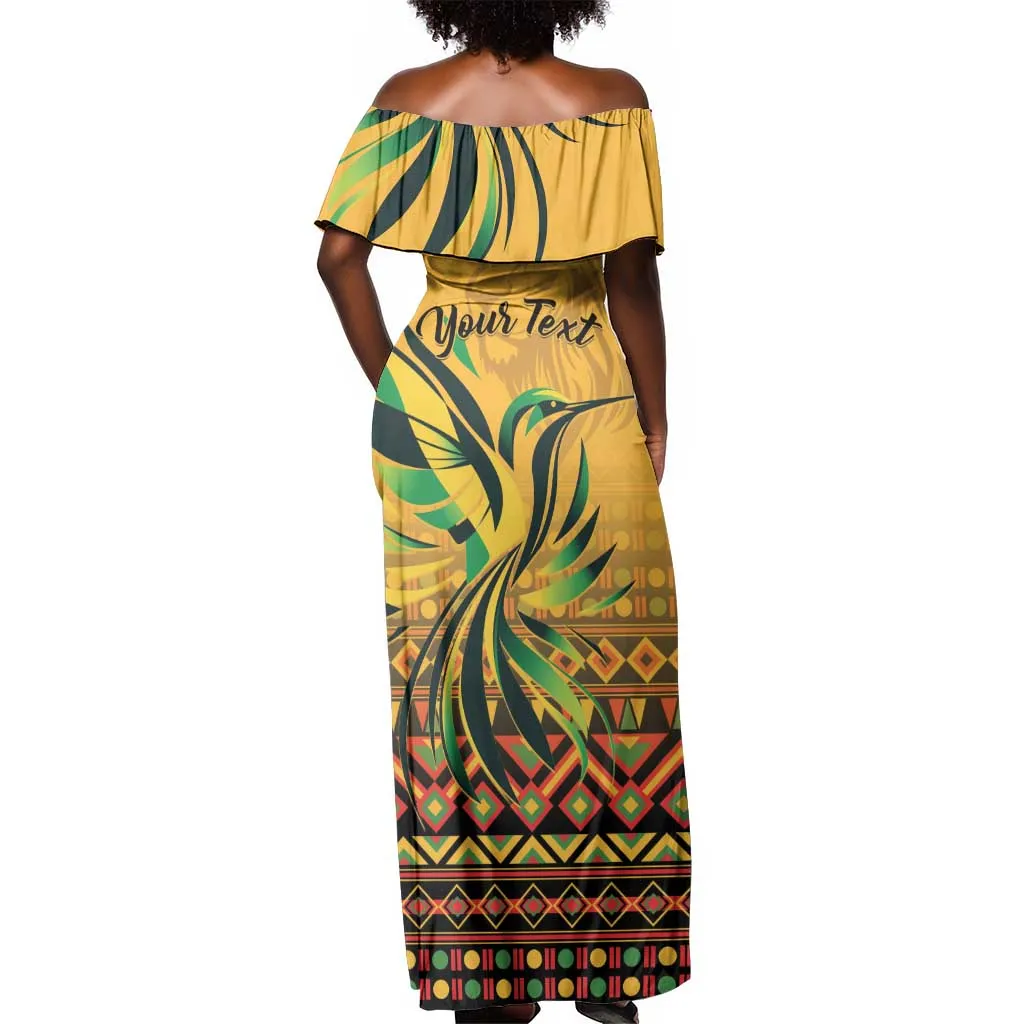 Personalized Black Jamaican Independence Day 1962 Off Shoulder Maxi Dress Jumieka Streamertail Reggae Pattern LT01