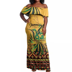 Personalized Black Jamaican Independence Day 1962 Off Shoulder Maxi Dress Jumieka Streamertail Reggae Pattern LT01