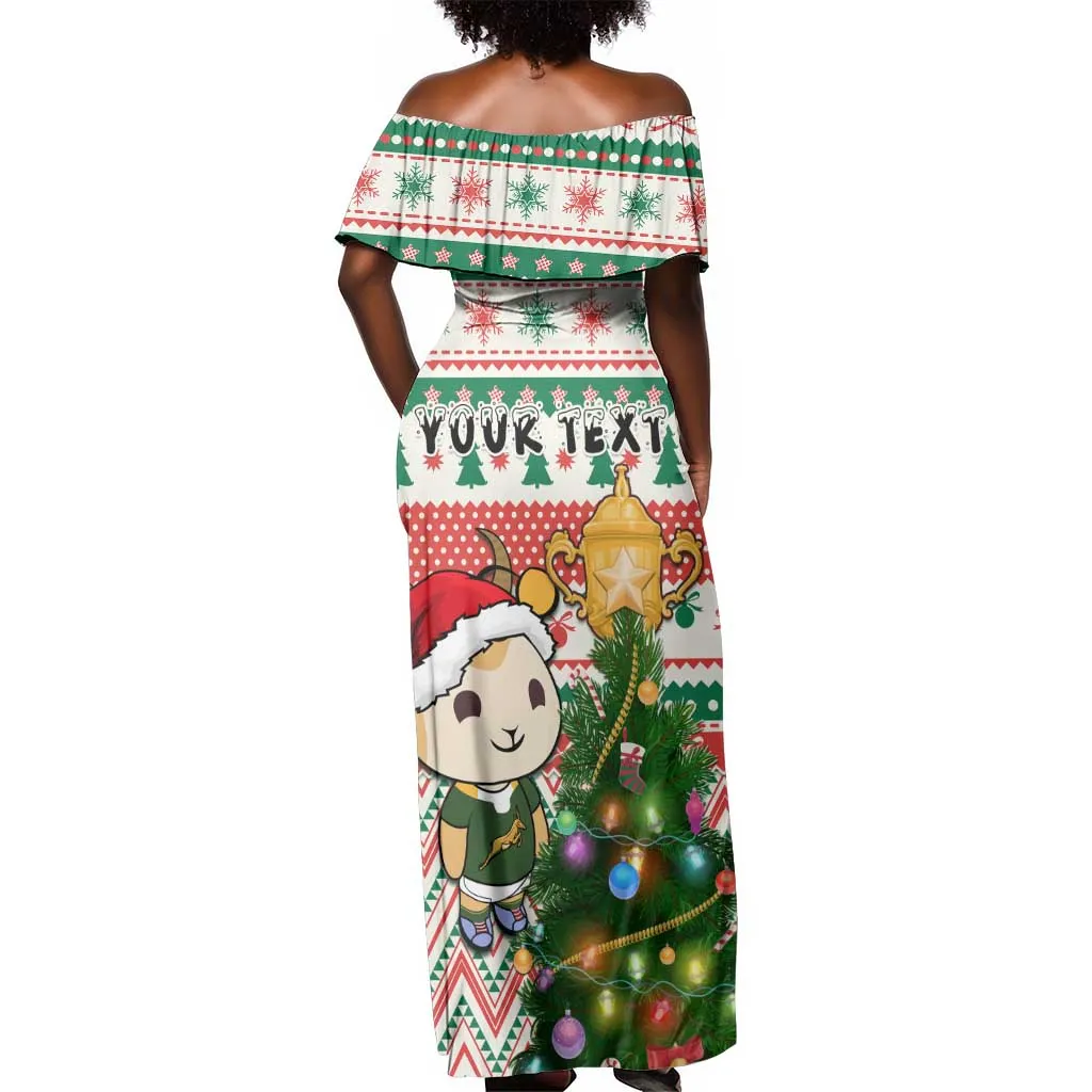 Personalized South Africa Rugby Christmas Off Shoulder Maxi Dress with Cute Springbok and Christmas Tree LT01
