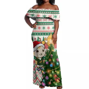 Personalized South Africa Rugby Christmas Off Shoulder Maxi Dress with Cute Springbok and Christmas Tree LT01