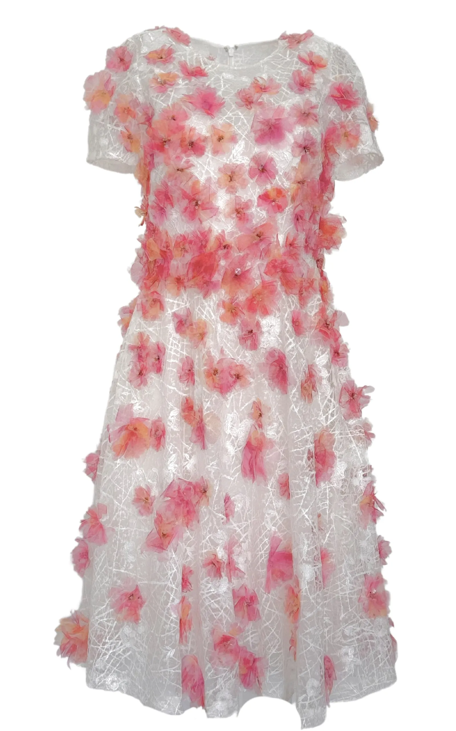 Pink Floral-appliqued Lace Midi Dress