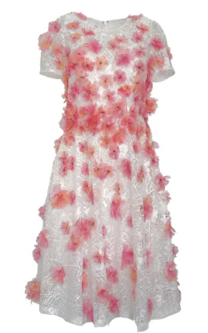 Pink Floral-appliqued Lace Midi Dress