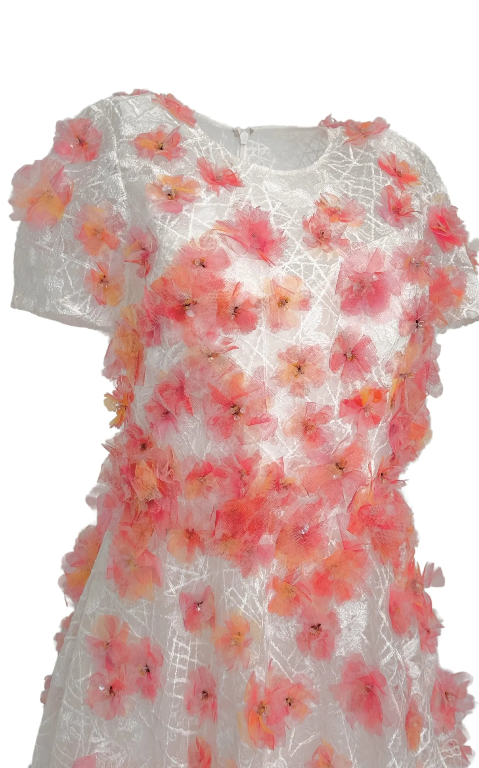 Pink Floral-appliqued Lace Midi Dress